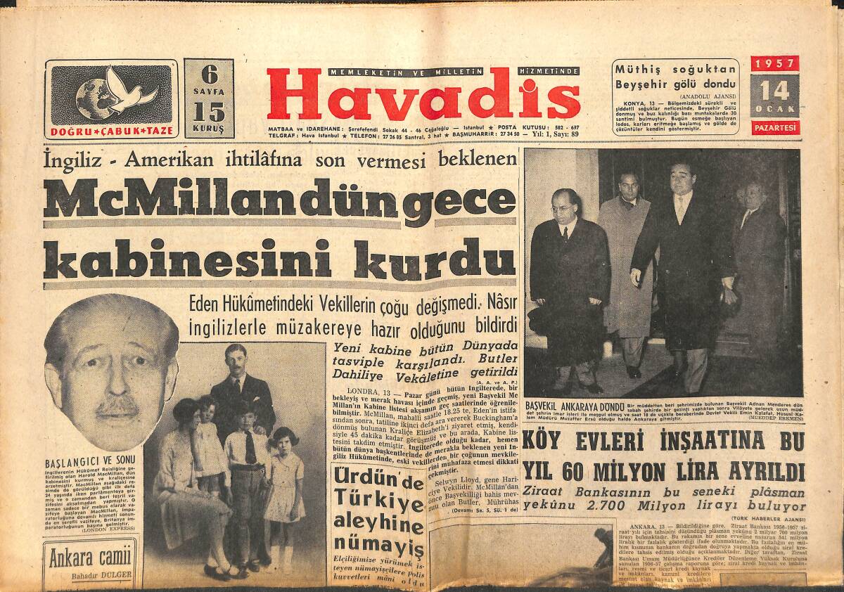 Havadis Gazetesi 14 Ocak 1957 - Suriyede Rus İşkence Usulü Kullanılıyor - Ürdün'de Türkiye Aleyhine Nümayiş GZ142875 - 1
