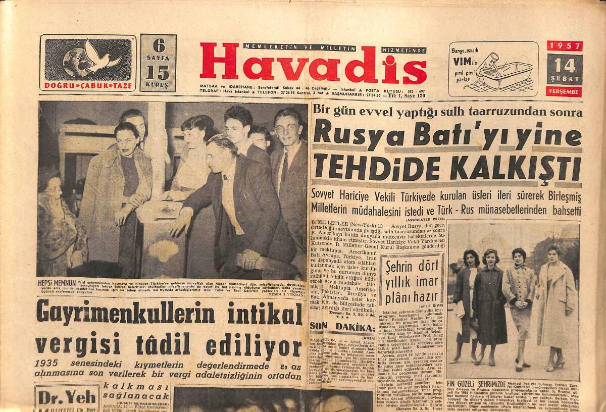 Havadis Gazetesi 14 Şubat 1957 - Rusya Batıyı Yine Tehdide Kalkıştı - Jaguar Otomobil Fabrikası Yandı GZ149030 - 1