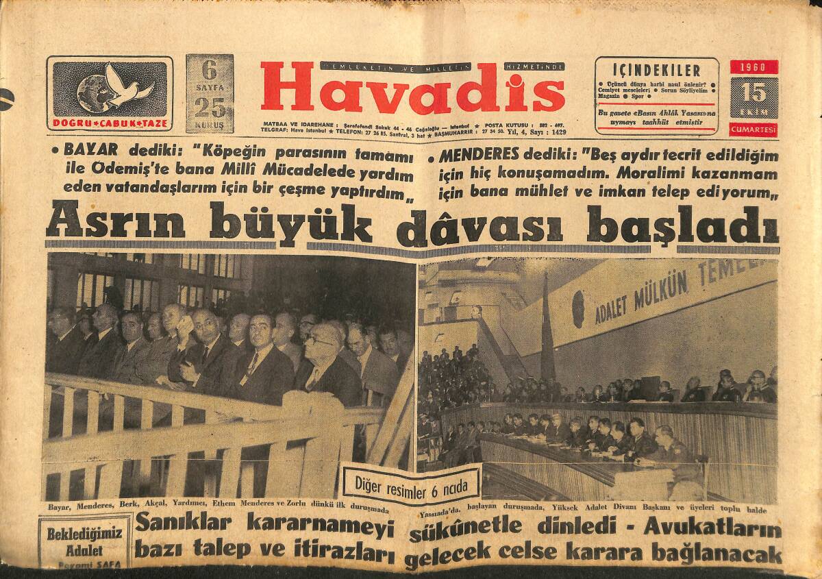 Havadis Gazetesi 15 Ekim 1960 - C. Gökçer Beraat Etti - Asrın Büyük Davası Başladı GZ148668 - 1