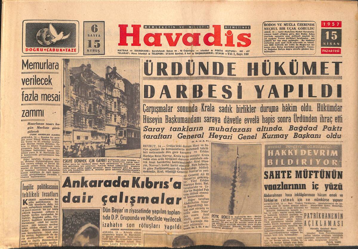 Havadis Gazetesi 15 Nisan 1957 - Ankara'da Kıbrıs'a Dair Çalışmalar - Makarios Biz Hristiyanlık Uğruna Çarpışıyoruz Dedi GZ149268 - 1