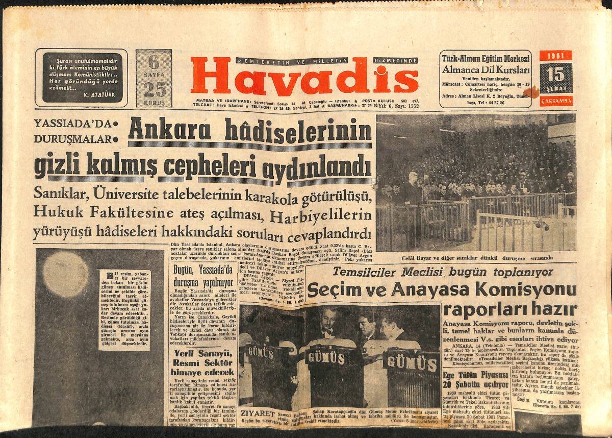 Havadis Gazetesi 15 Şubat 1961 - Ankara Hadiselerinin Gizli Kalmış Cepheleri Aydınlandı GZ149098 - 1