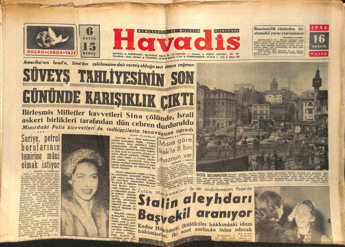 Havadis Gazetesi 16 Aralık 1956 - Süveyş Tahliyesinin Son Gününde Karışıklık Çıktı - Ezeli Rakipler Liderlik Ve Rövanş Maçı Yapacak: F.Bahçe G.Saray GZ148998 - 1