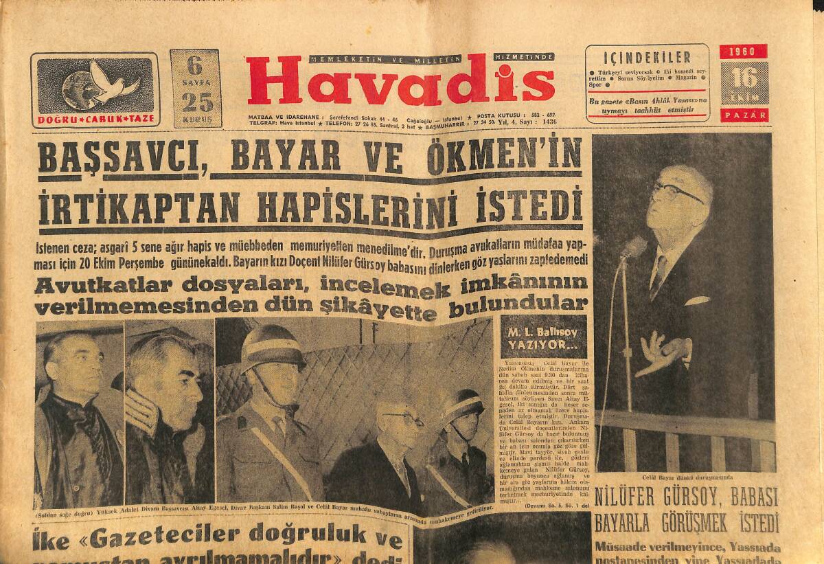 Havadis Gazetesi 16 Ekim 1960 - Can Okan Hakkında Yeni Bir Tahkikat - İsrail Mezhepler Bakanı Öldü GZ148669 - 1