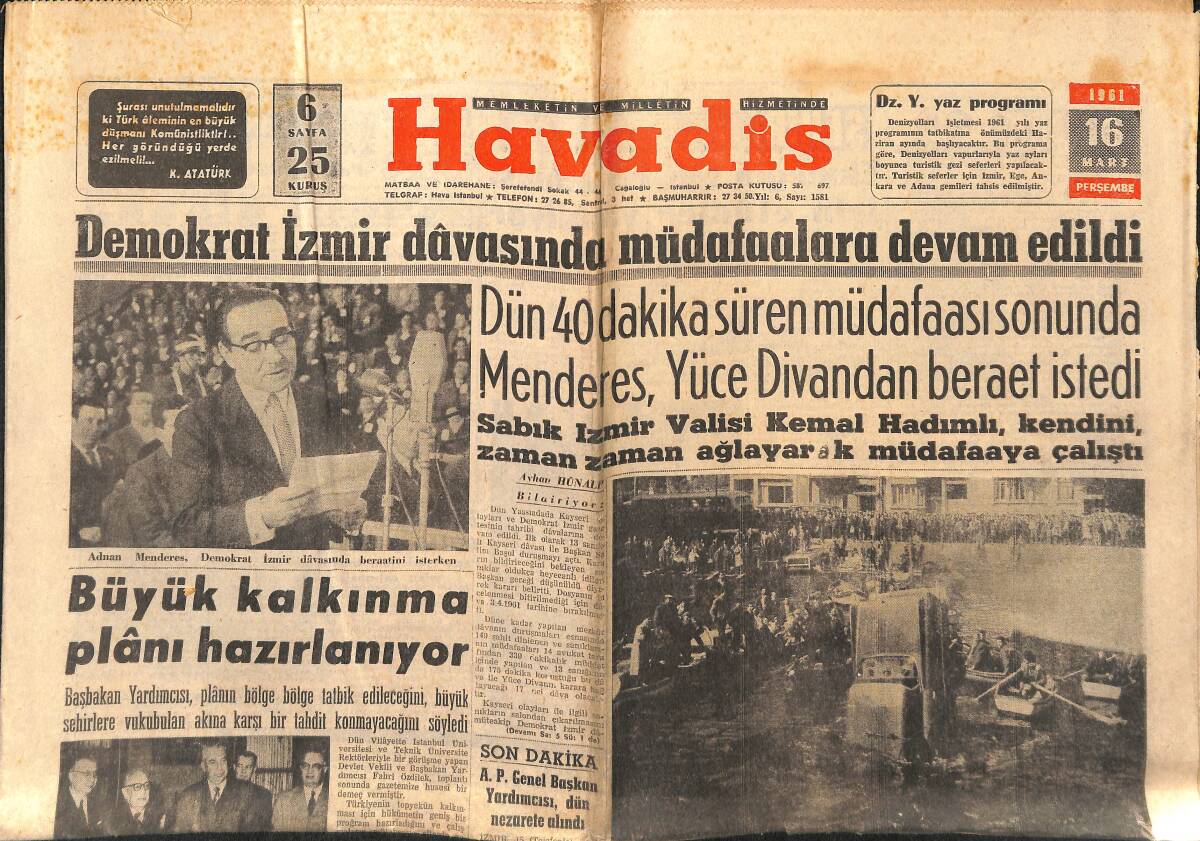 Havadis Gazetesi 16 Mart 1961 - Brigitte Bardot Kararını Değiştirmedi - Büyük Kalkınma Plânı Hazırlanıyor GZ147096 - 1
