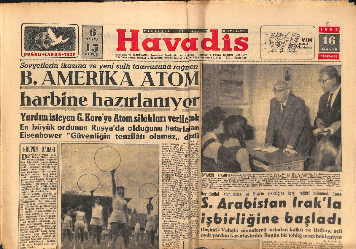 Havadis Gazetesi 16 Mayıs 1957 - S. Arabistan Irak'la İşbirliğine Başladı - Boğazdan Tramvay Kalkıyor GZ149101 - 1