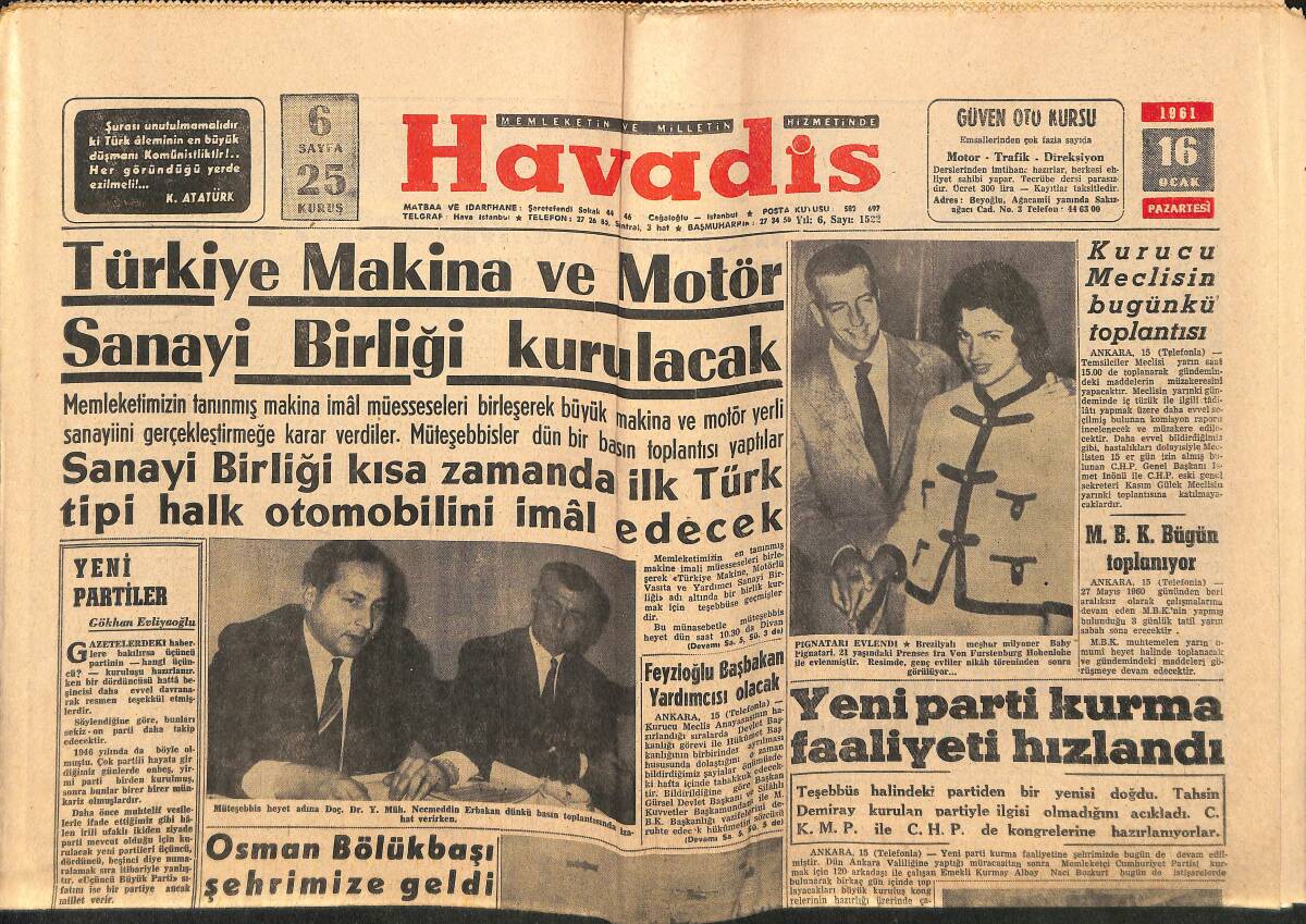 Havadis Gazetesi 16 Ocak 1961 - Pignatari Evlendi - Alain Delon'un Nişanlısı Romy Schncider'in İfşaatı GZ147191 - 1
