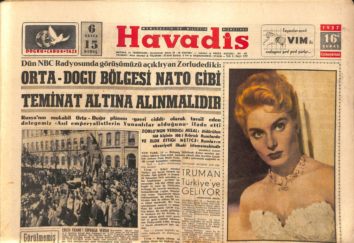 Havadis Gazetesi 16 Şubat 1957 - Erich Frank'ı Toprağa Verdik - Diana Dors Hollywood'u Beğenmedi GZ149032 - 1