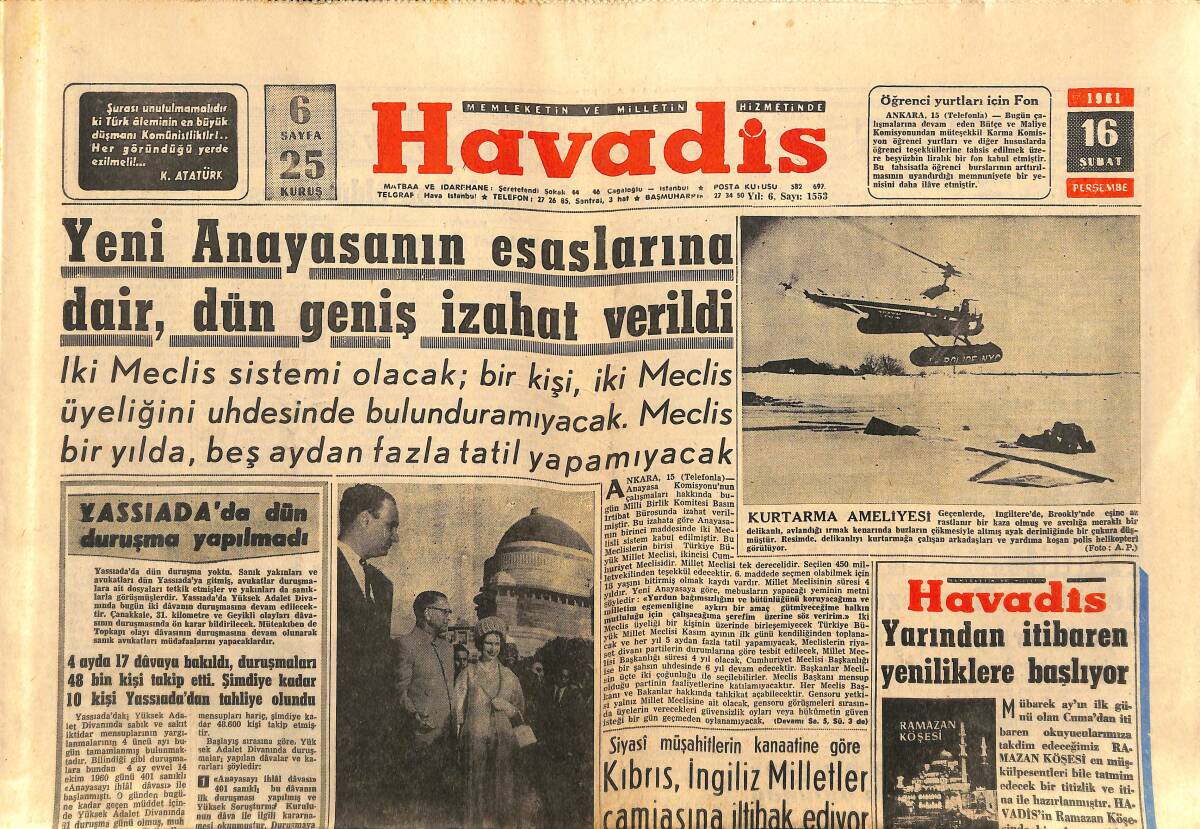 Havadis Gazetesi 16 Şubat 1961 - C. Madanoğlu Ve F. Aşkın İstanbul'da - Yeni Anayasanın Esaslarına Dair , Dün Geniş İzahat Verildi GZ149097 - 1