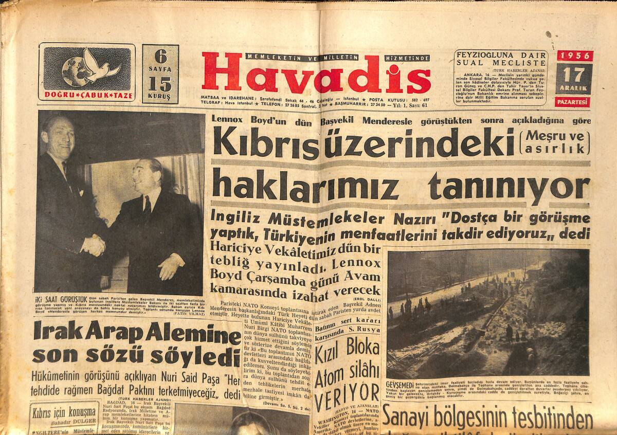 Havadis Gazetesi 17 Aralık 1956 - Irak Arap Alemine Son Sözü Söyledi - Galatasaray Namağlup Ünvanını Muhafaza Etti GZ148999 - 1