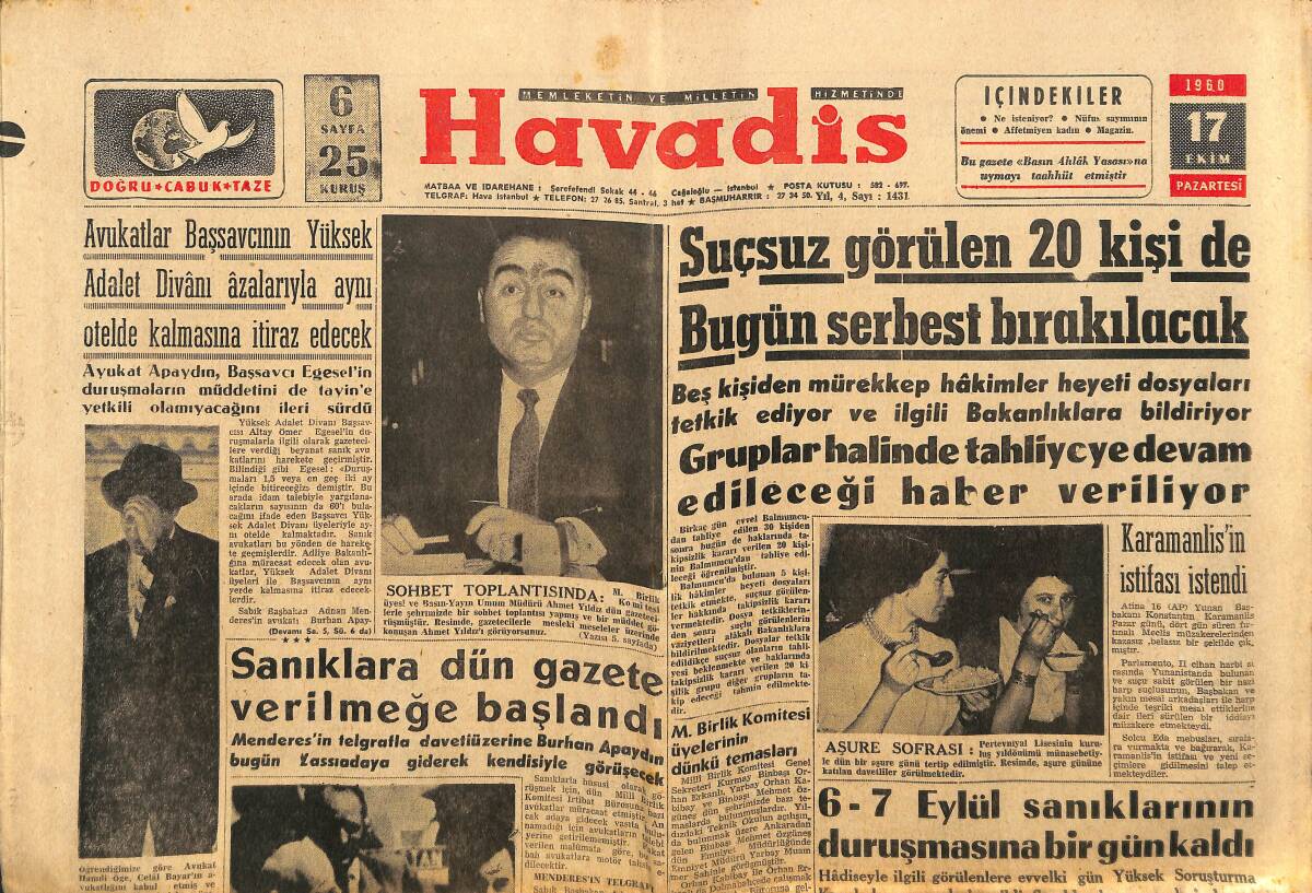 Havadis Gazetesi 17 Ekim 1960 - Erzincan İplik Fabrikası İşçileri Kooperatifi Çalışmaları - 6-7 Eylül Sanıklarının Duruşmasına Bir Gün Kaldı GZ148670 - 1