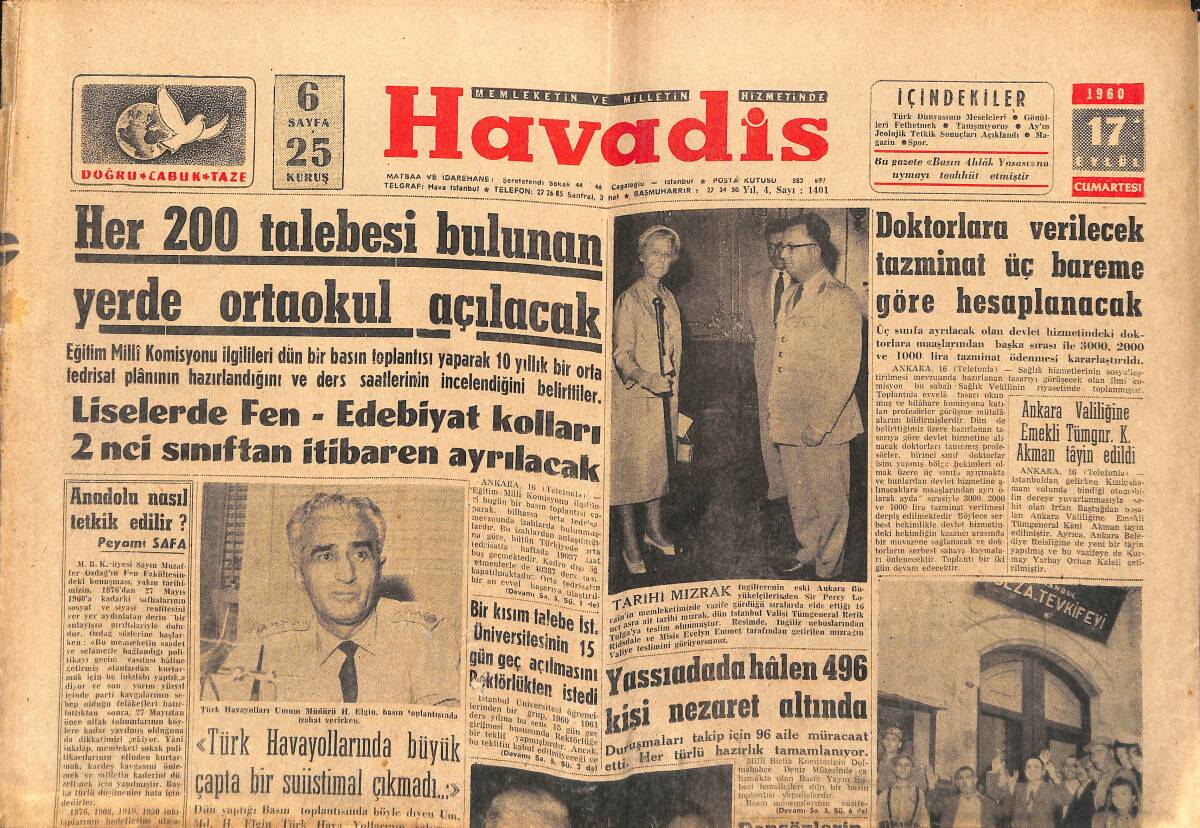 Havadis Gazetesi 17 Eylül 1960 - Raman Tankeri Karaya Oturdu - Her 200 Talebesi Bulunan Yerde Ortaokul Açılacak GZ147072 - 1