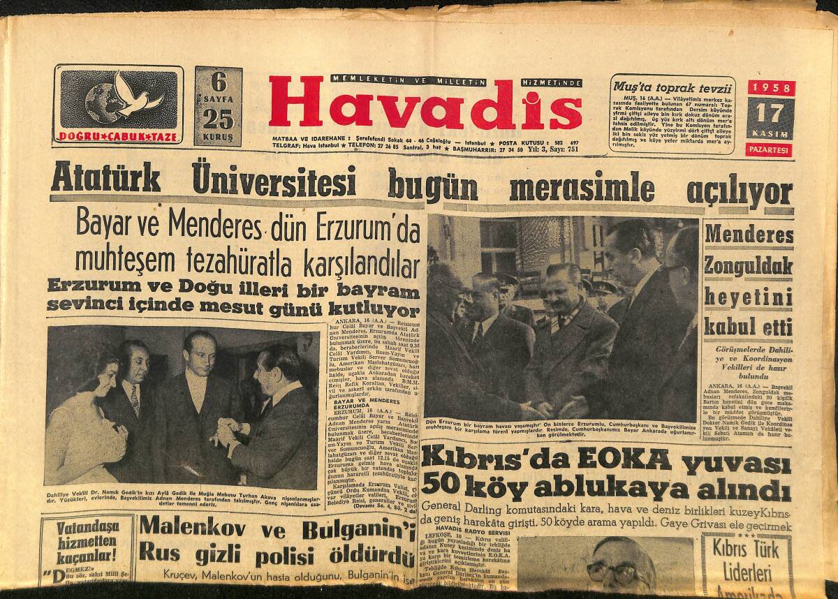 Havadis Gazetesi 17 Kasım 1958 - Kıbrıs'da EOKA Yuvası 50 Köy Ablukaya Alındı - Suriye'deki Aşiretler Yer Yer İsyan Ettiler GZ149151 - 1