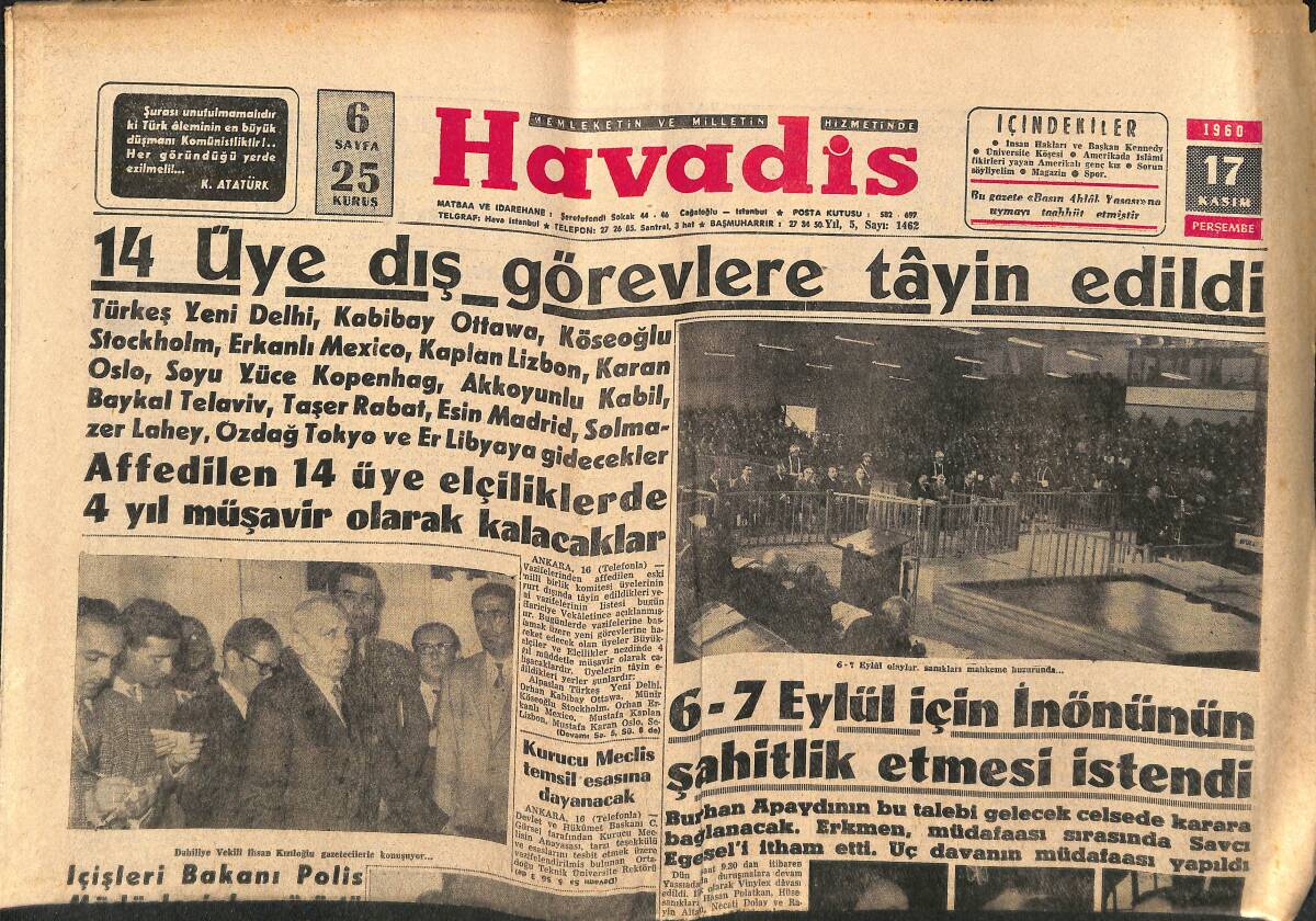 Havadis Gazetesi 17 Kasım 1960 - 14 Üye Dış Görevlere Tâyin Edildi - İkinci Yüksek Adalet Divanı Teşkil Ediliyor GZ147084 - 1