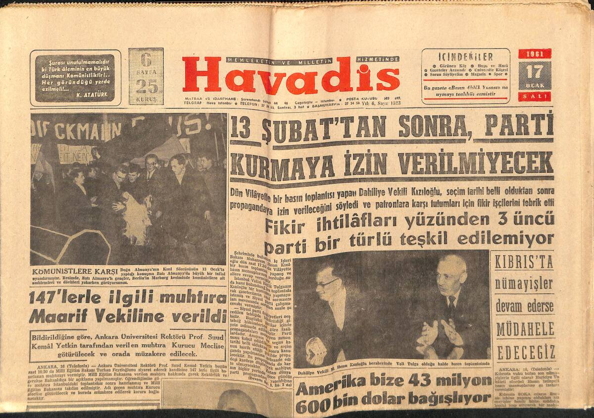 Havadis Gazetesi 17 Ocak 1961 - Gilda'yı Soyanlar Dün Yakalandı - İyileşen Kral Metin Oktay GZ147190 - 1