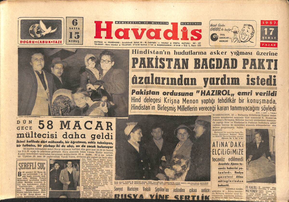 Havadis Gazetesi 17 Şubat 1957 - İsrail Amerika'nın Teklifini Reddetti - Mona Freeman Ve Teresa'nın Yıldızı GZ149033 - 1