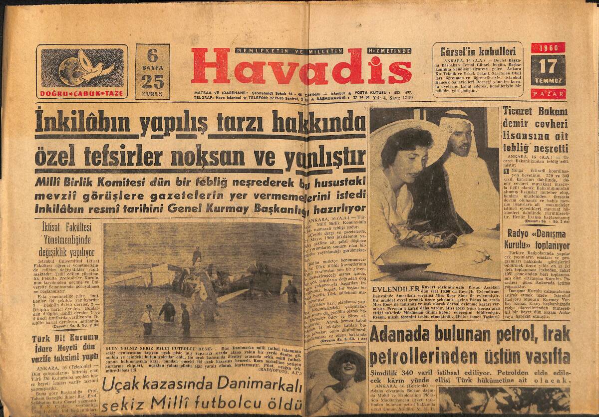 Havadis Gazetesi 17 Temmuz 1960 - Kuveyt Şeyhinin Oğlu Prens Asselam Amerikalı Sevgilisiyle Evlendi - Alain Delon Milano'da GZ148627 - 1