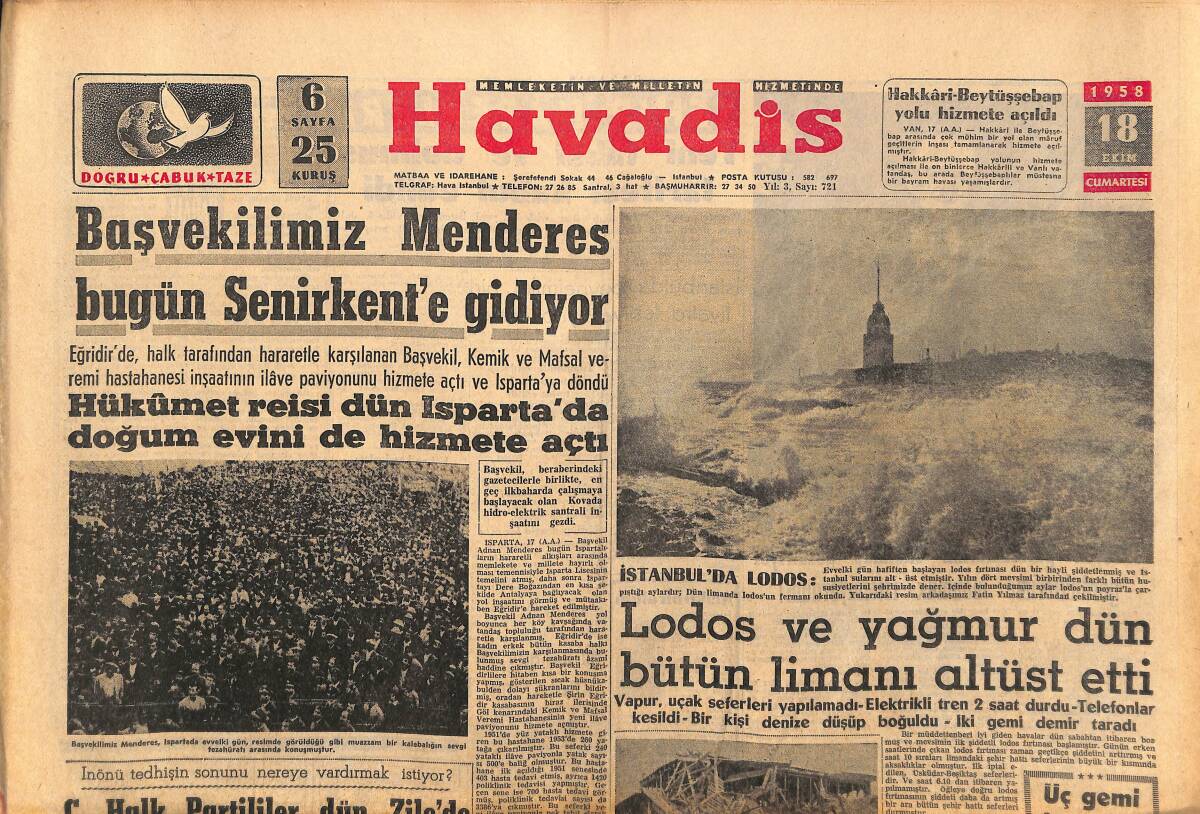 Havadis Gazetesi 18 Ekim 1958 - Ankara'da Grip Yüzünden Okullar Dün Tatil Edildi - Başvekilimiz Menderes Bugün Senirkent'e Gidiyor GZ149079 - 1