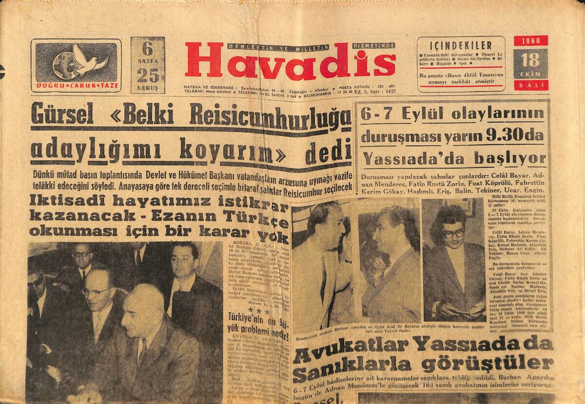  Havadis Gazetesi 18 Ekim 1960 - Avukatlar Yassıada da Sanıklarla Görüştüler - Egesel Tavzih Ediyor GZ148671 - 1