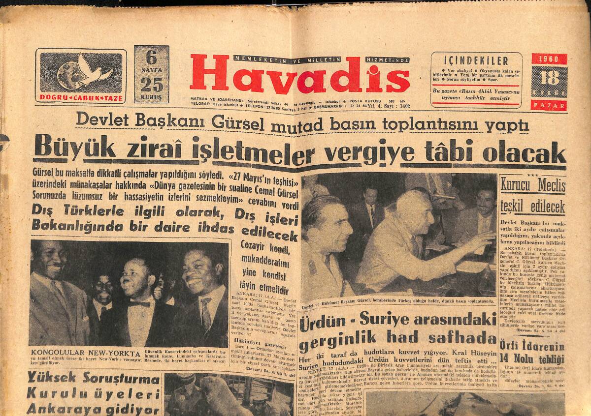 Havadis Gazetesi 18 Eylül 1960 - Devrim Ocakları Kongresi Yapıldı - Büyük Ziraî İşletmeler Vergiye Tabi Olacak GZ147073 - 1