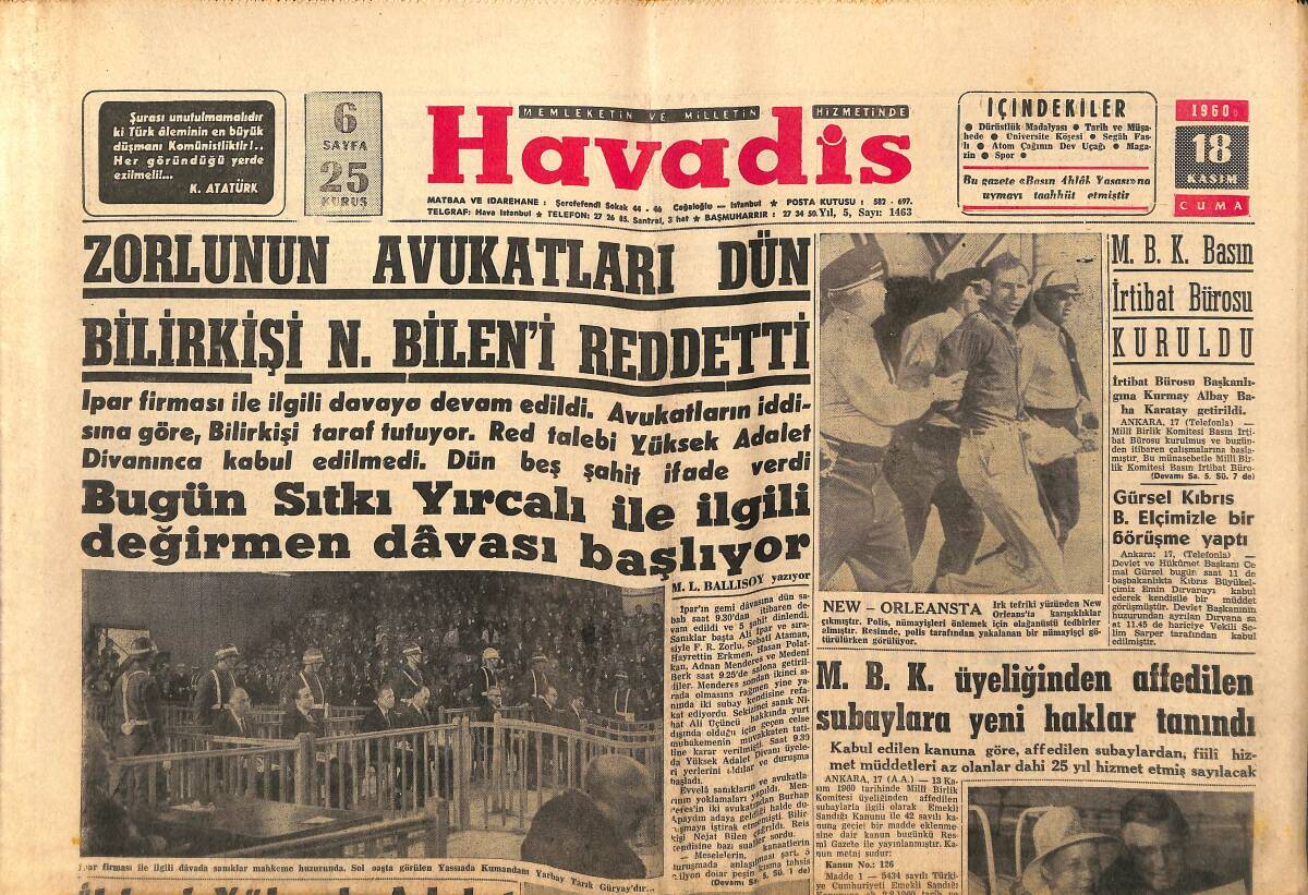 Havadis Gazetesi 18 Kasım 1960 - Zorlu'nun Avukatları Dün Bilirkişi N. Bilen'i Reddetti - G. Kore'de Talebe Çarpıştı GZ147085 - 1