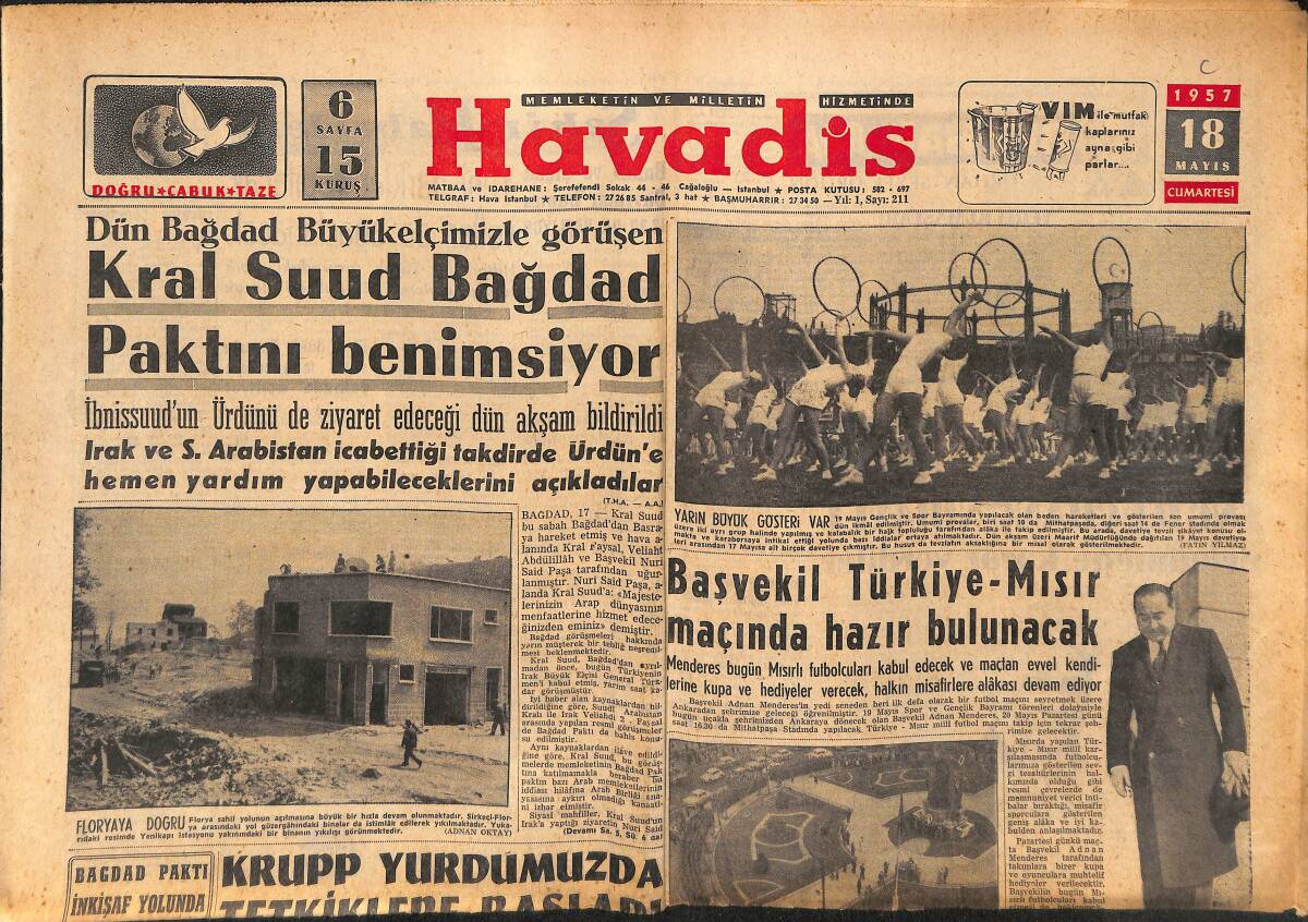 Havadis Gazetesi 18 Mayıs 1957 - Cannes Festivali Dün Sona Erdi - Ataç Bugün Ebediyete Veriliyor GZ149103 - 1
