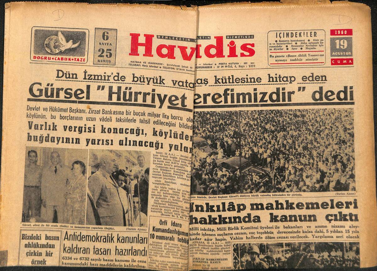 Havadis Gazetesi 19 Ağustos 1960 - İnkılâp Mahkemeleri Hakkında Kanun Çıktı GZ147060 - 1