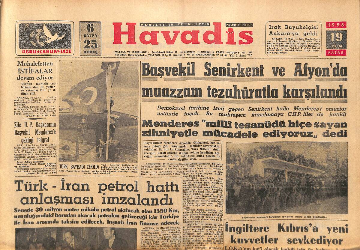 Havadis Gazetesi 19 Ekim 1958 - Türk-İran Petrol Hattı Anlaşması İmzalandı GZ149080 - 1