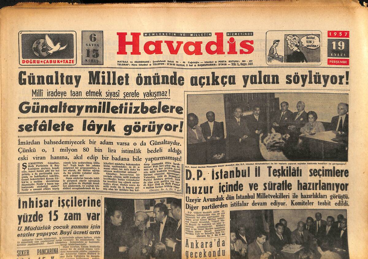 Havadis Gazetesi 19 Eylül 1957 - Margaret'in Yeni Talibi - Sophia Loren'in Amerika'da Elde Edemeyeceği Hiç Bir Şey Yok GZ148618 - 1