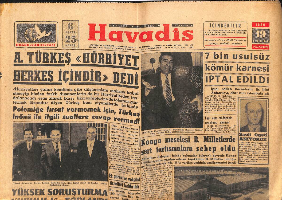 Havadis Gazetesi 19 Eylül 1960 - A. Türkeş '' Hürriyet Herkes İçindir '' dedi - F.Castro'yu 500 Muhafız Koruyacak GZ147074 - 1