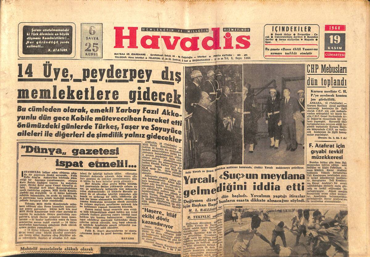 Havadis Gazetesi 19 Kasım 1960 - 14 Üye , Peyderpey Dış Memleketlere Gidecek - Milli Lig'de Bugün 6 Maç Oynuyor GZ147086 - 1