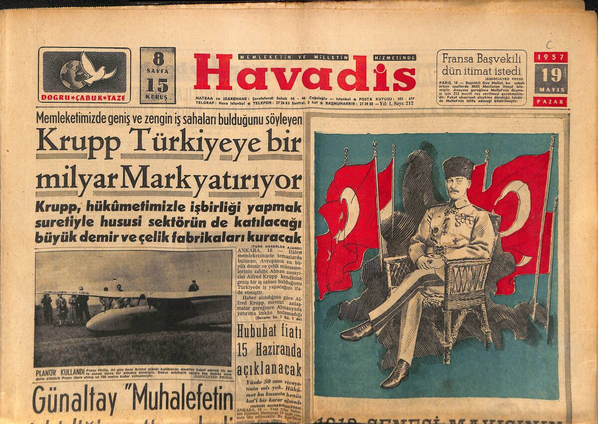 Havadis Gazetesi 19 Mayıs 1957 - Krupp Türkiye'de Bir Milyar Mark Yatırıyor - Hasan Koyuncu Dün İdam Edildi GZ149104 - 1