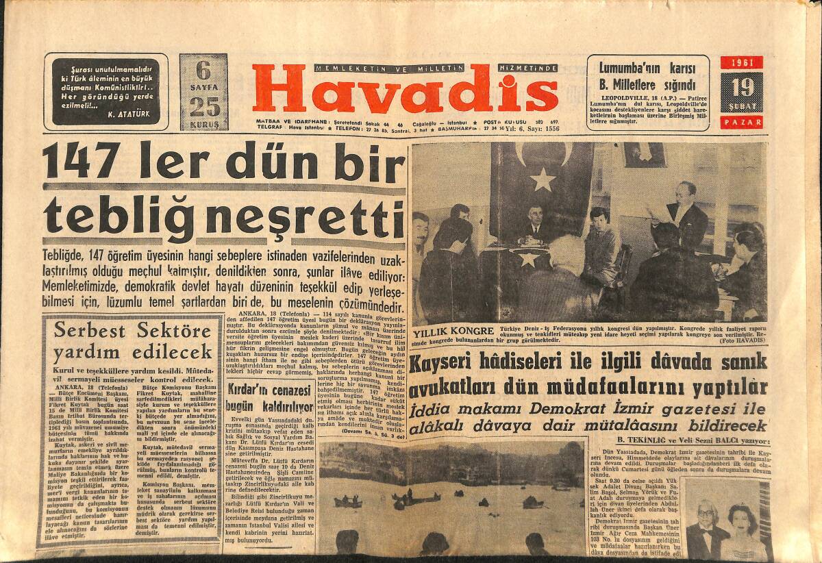 Havadis Gazetesi 19 Şubat 1961 - Kırdar'ın Cenazesi Bugün Kaldırılıyor - Rusya , Federal Almanya'ya Sulh Teklifinde Bulundu GZ149095 - 1