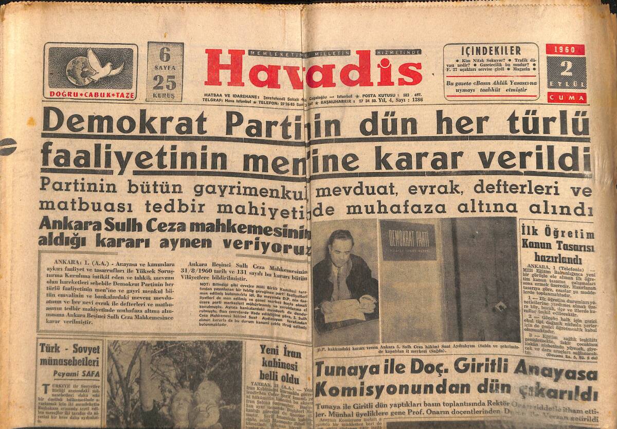 Havadis Gazetesi 2 Eylül 1960 - Mümtaz Tarhan'ın Dünkü Duruşması - Yeni İran Kabinesi Belli Oldu GZ147063 - 1