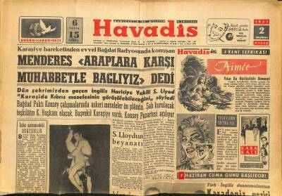 Havadis Gazetesi 2 Haziran 1957 - Dünkü Zelzele Adapazarında Hasar Yaptı - S.Lloydun Beyanatı GZ122144 - 1