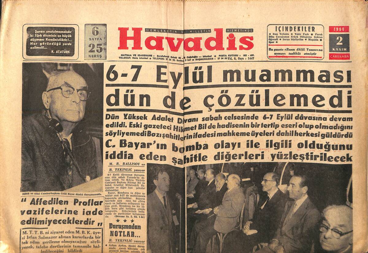 Havadis Gazetesi 2 Kasım 1960 - Farah Diba Çocuğunun Erkek Olduğunu Şah'tan Öğrendi - Kennedy'nin Hükümet Programı GZ146975 - 1