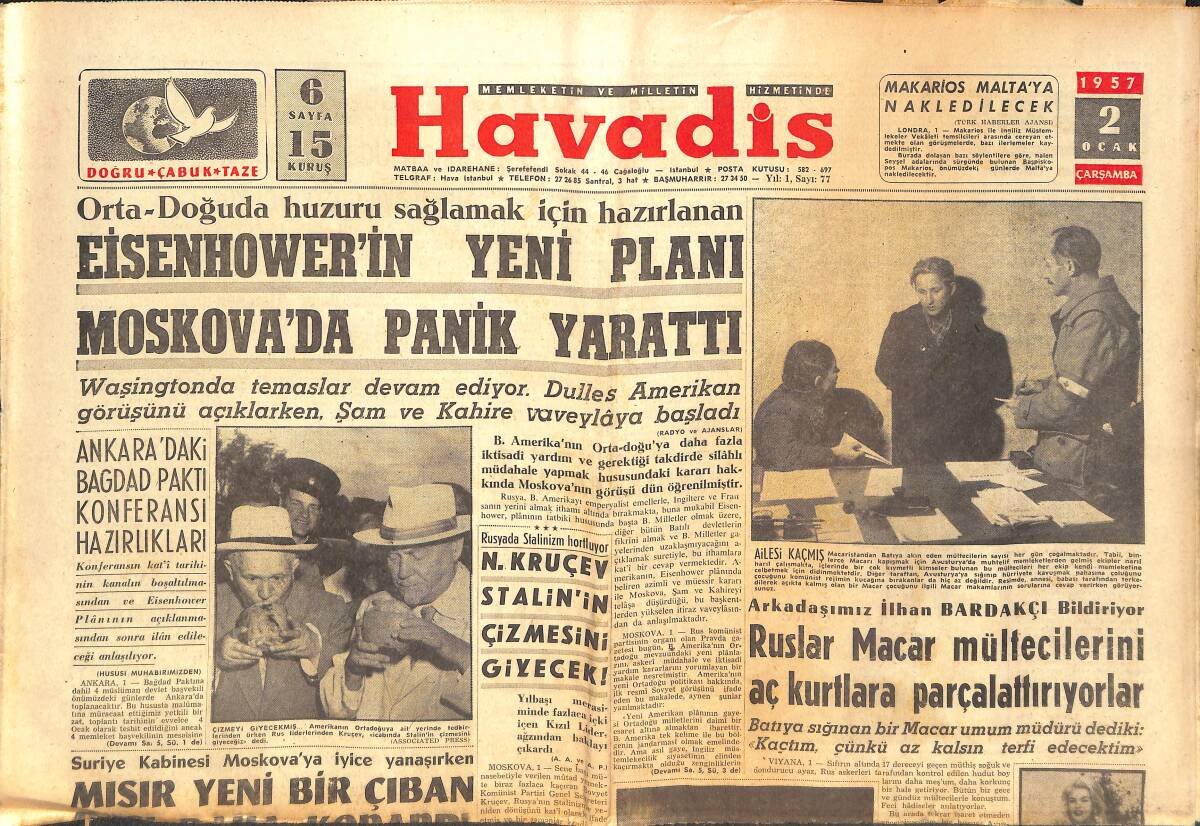 Havadis Gazetesi 2 Ocak 1957 - Eisenhower'in Yeni Planı Moskova'da Panik Yarattı GZ142896 - 1