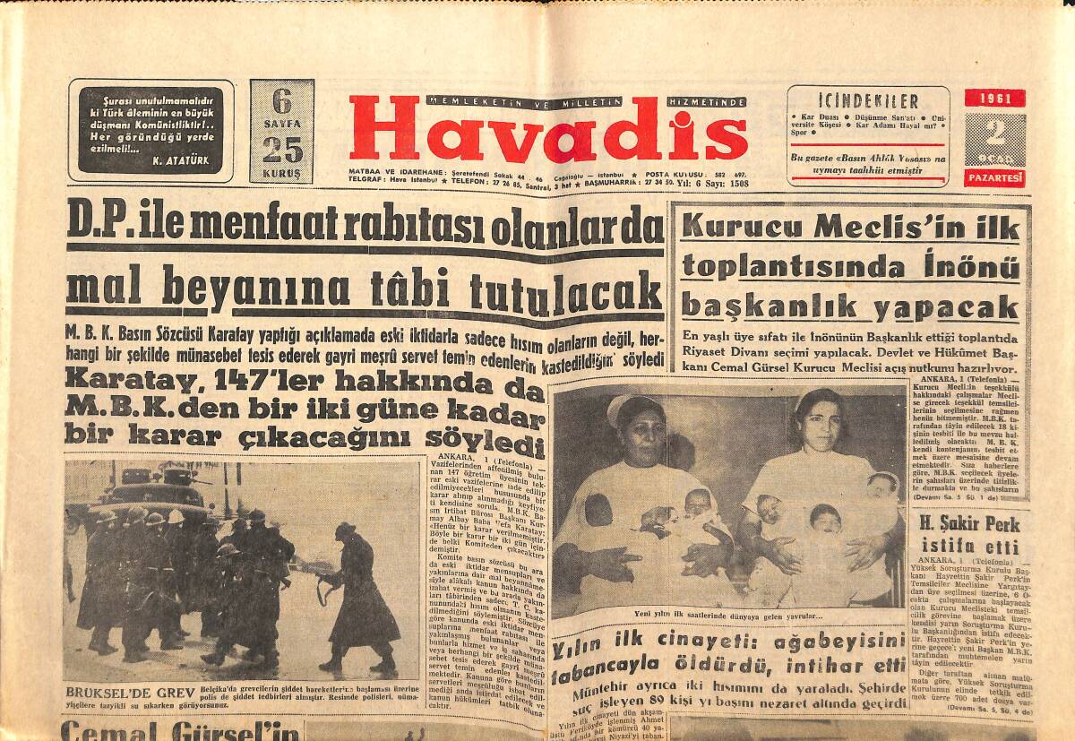 Havadis Gazetesi 2 Ocak 1961 - Galatasaray Lider - İstanbul Fırıncıları Bir Kooperatif Kurdular GZ147106 - 1