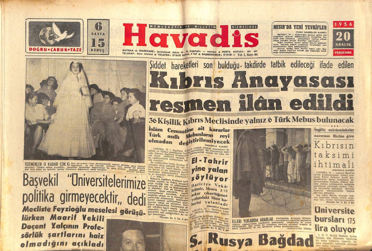 Havadis Gazetesi 20 Aralık 1956 - Kıbrıs Anayasası Resmen İlan Edildi - Marilyn Monroe'nun Bu Resmi İngiltere'de Dini Mecmualardan Birinde Neşredilmiş GZ149002 - 1