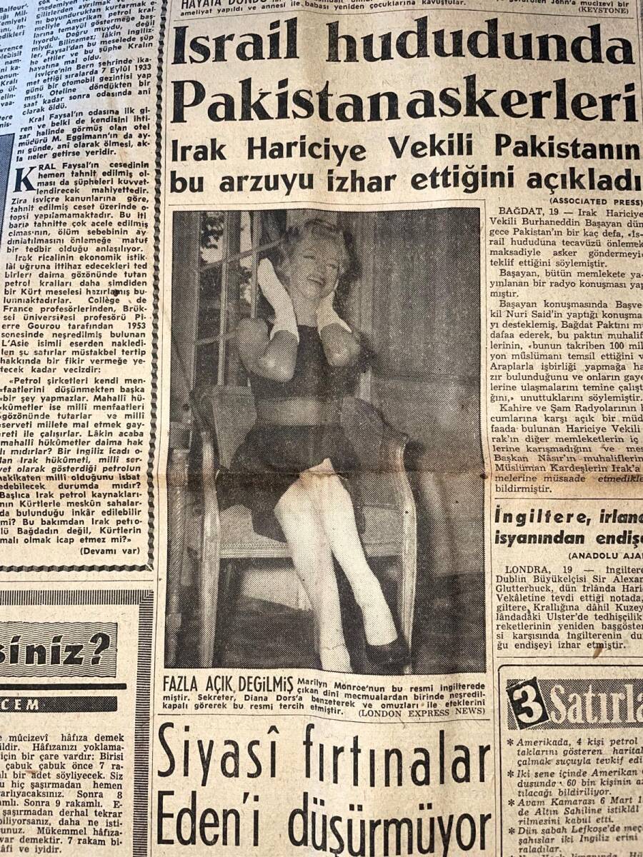 Havadis Gazetesi 20 Aralık 1956 - Kıbrıs Anayasası Resmen İlan Edildi - Marilyn Monroe'nun Bu Resmi İngiltere'de Dini Mecmualardan Birinde Neşredilmiş GZ149002 - 2