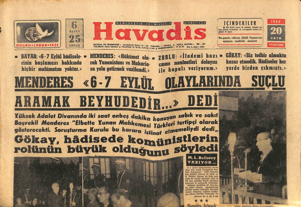 Havadis Gazetesi 20 Ekim 1960 - Bayar'ın Avukatının Yaptığı Vazifesizlik İtirazı Dün Reddedildi GZ148673 - 1