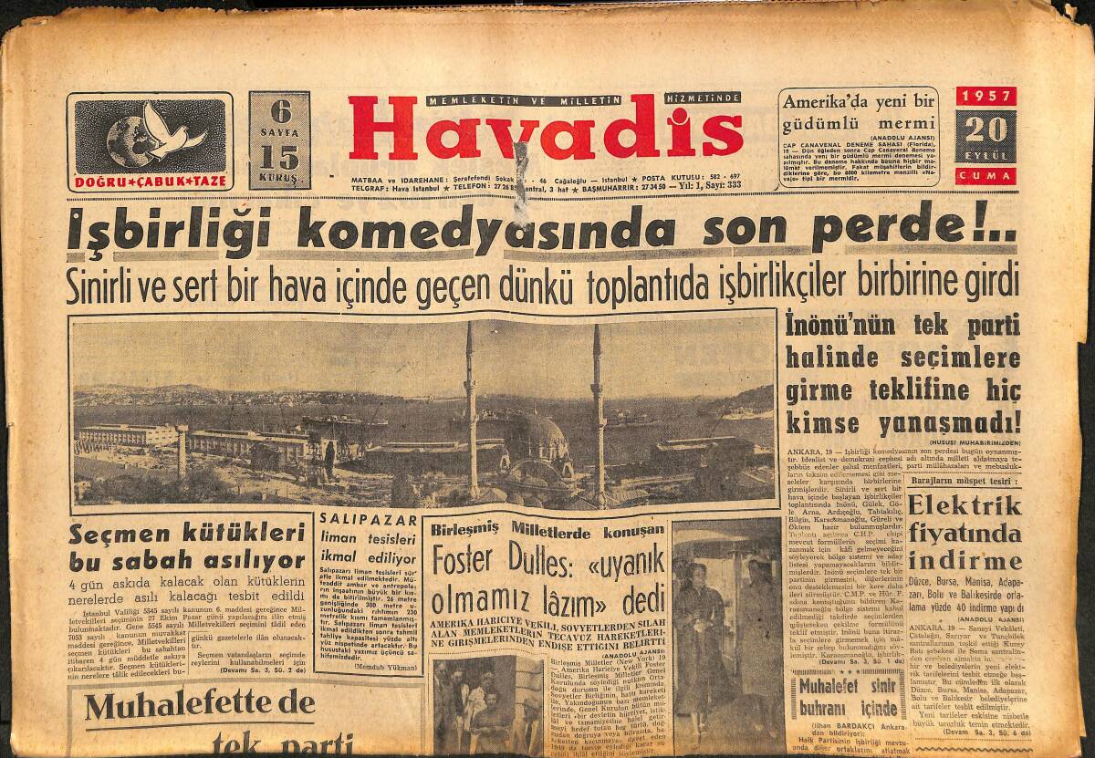 Havadis Gazetesi 20 Eylül 1957 - Dünyanın Zevkini Değiştiren Kadın Sophia Loren - Ankara Hastanesi Ve Hemşire Mektebi GZ148619 - 1
