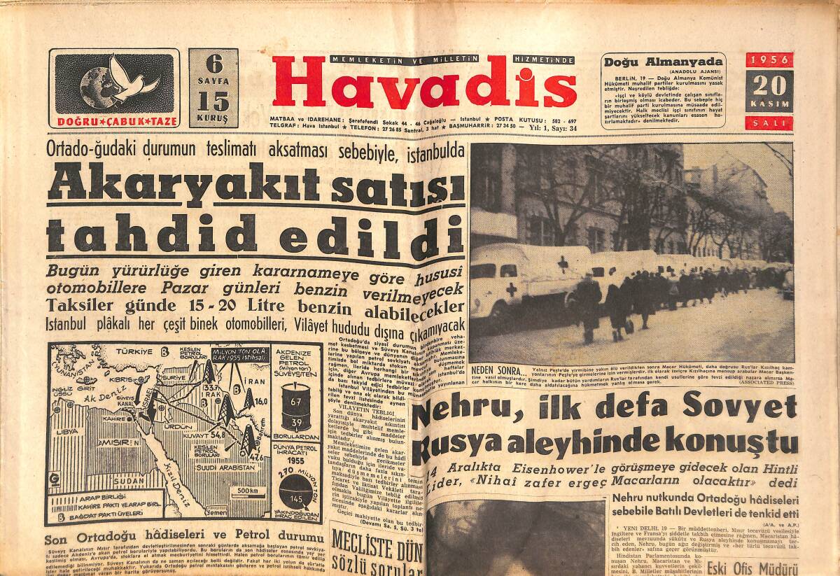 Havadis Gazetesi 20 Kasım 1956 - Nehru, İlk Defa Sovyet Rusya Aleyhine Konuştu - Grace Kelly Yılbaşına Bir Bebek Sahibi Olacak GZ147217 - 1