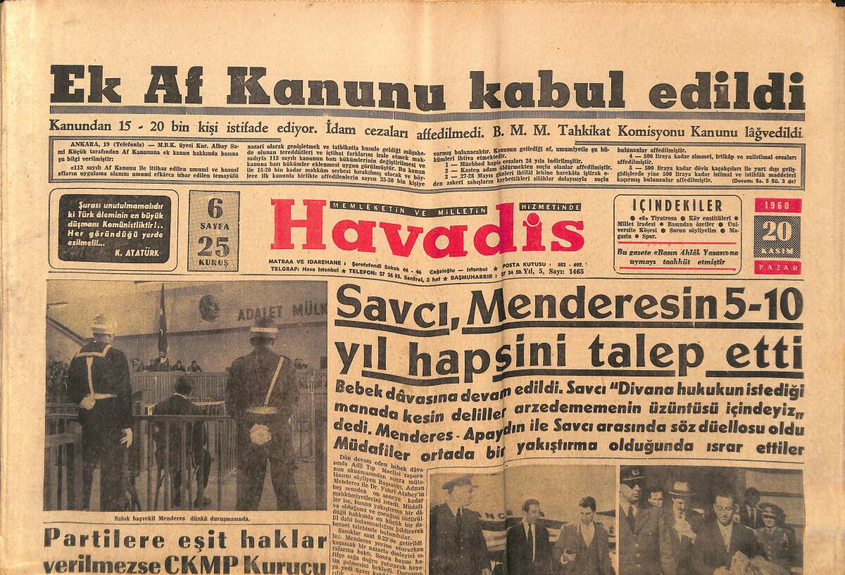 Havadis Gazetesi 20 Kasım 1960 - Elizabeth Taylor Hastaneden Çıkıyor - Ek Af Kanunu Kabul Edildi GZ147087 - 1