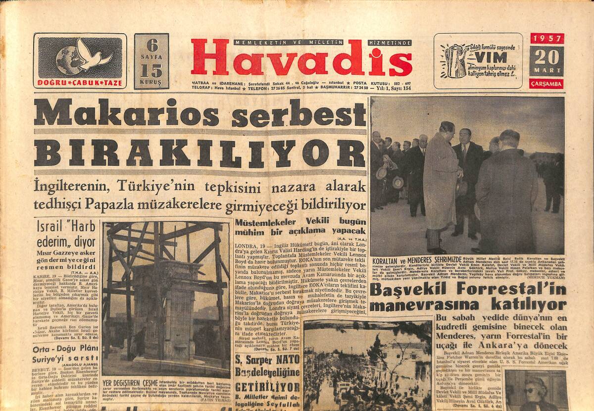 Havadis Gazetesi 20 Mart 1957 - Makarios Serbest Bırakılıyor - Ağa Han, Rita'ya Baktı: Bizim Oğlan Bana Çekmiş GZ149049 - 1