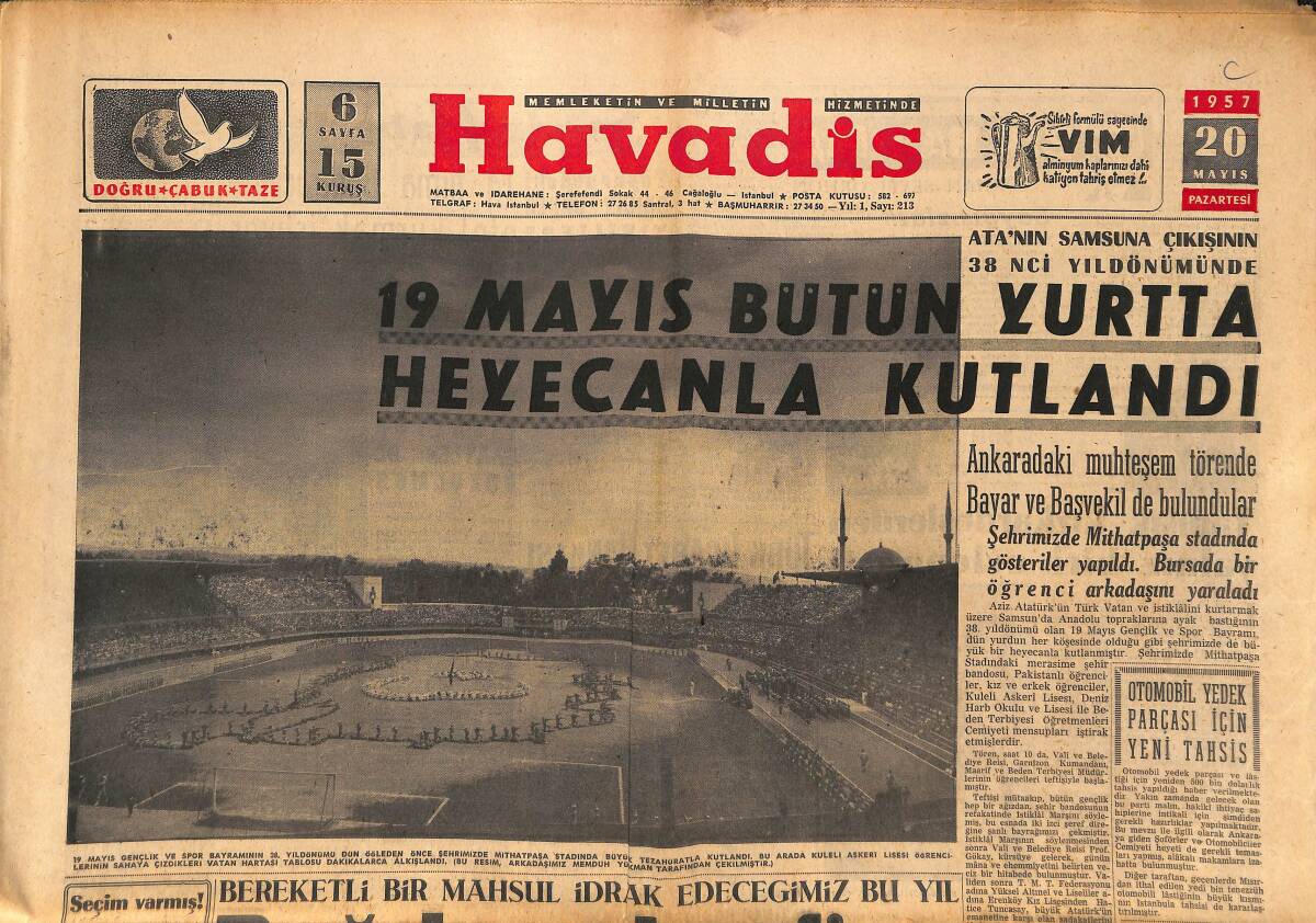 Havadis Gazetesi 20 Mayıs 1957 - Krupp 3. Yüksek Fırının Temelini Attı - İtalya'da Hükümet Kuruldu GZ149105 - 1