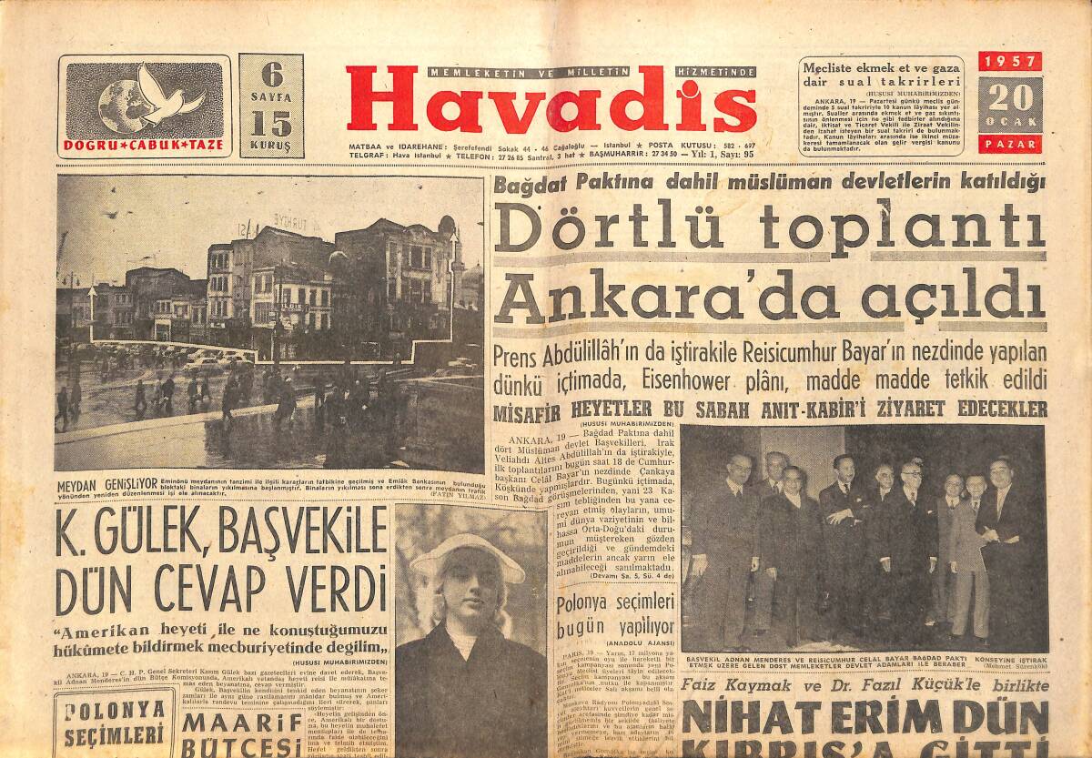 Havadis Gazetesi 20 Ocak 1957 - K.Gülek , Başvekile Dün Cevap Verdi - Ercümend Çiftçi Kendine Geliyor GZ142872 - 1