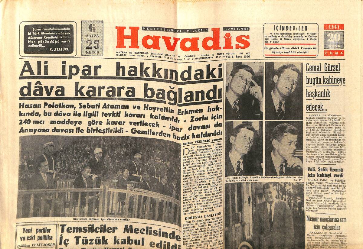 Havadis Gazetesi 20 Ocak 1961 - Kennedy Bugün Fiilen Vazifesine Başlıyor - Barbara Hutton'un Çok Sevdiği Genç Bir Çift GZ147188 - 1