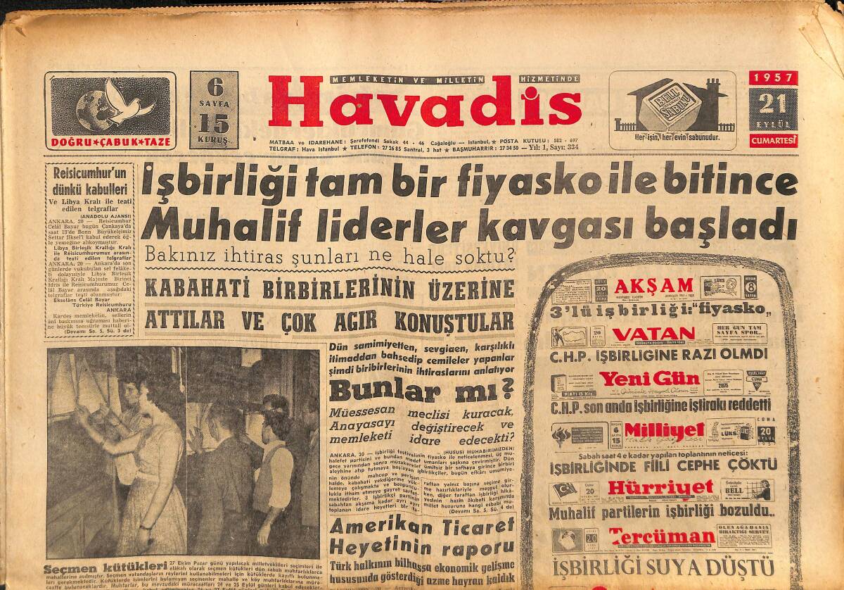 Havadis Gazetesi 21 Eylül 1957 - Galatasaraylı Metin, Beşiktaş Maçına Gelemeyeceğim Dedi - Dişiliğine Ve Güzelliğine Mağrur Bomboş Kadın: Sophia Loren GZ148620 - 1