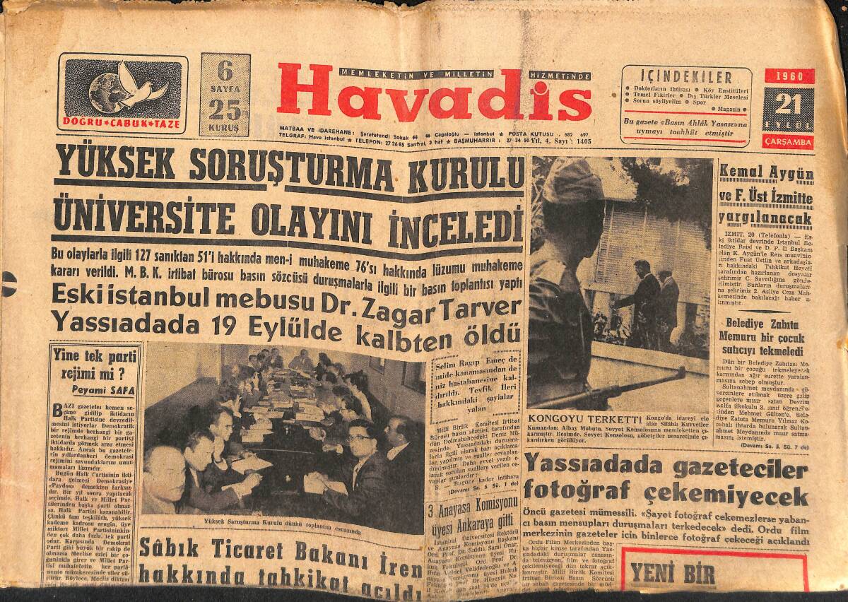Havadis Gazetesi 21 Eylül 1960 - Sekban Günaltay Davasına Bakıldı - Yassıada'da Gazeteciler Fotoğraf Çekemiyecek GZ147076 - 1