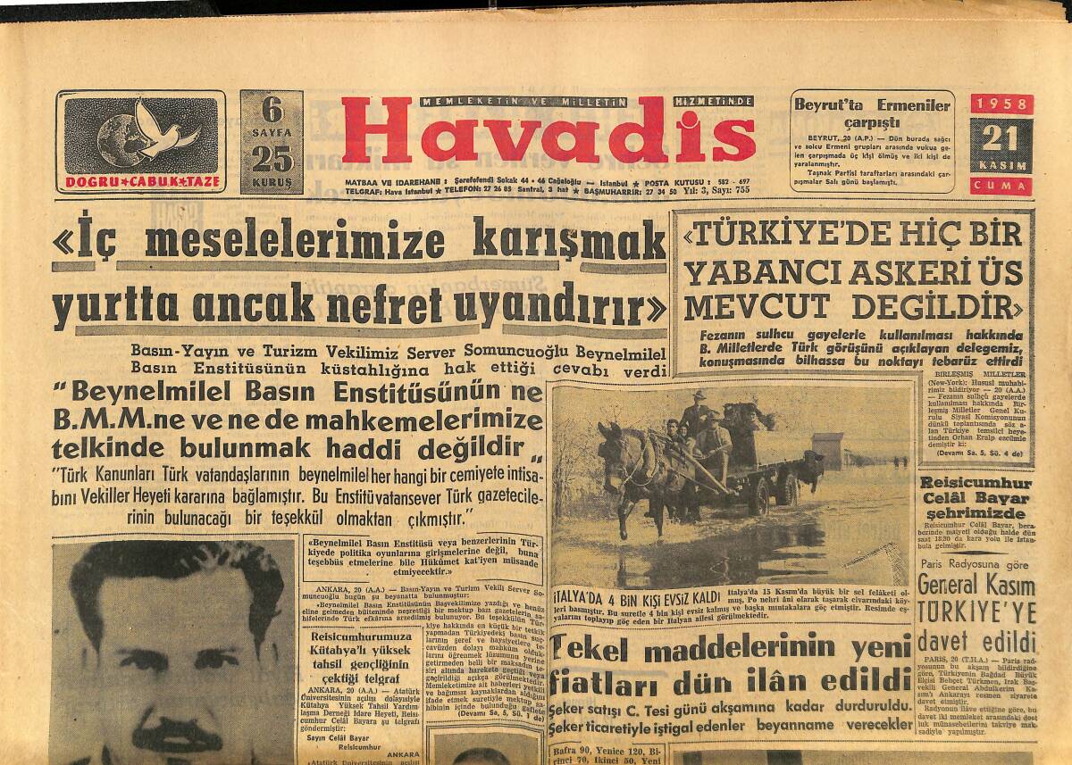 Havadis Gazetesi 21 Kasım 1958 - İngiltere Kıbrıs Siyasetinin B. Milletlerce Tasvibini İstiyor GZ149155 - 1